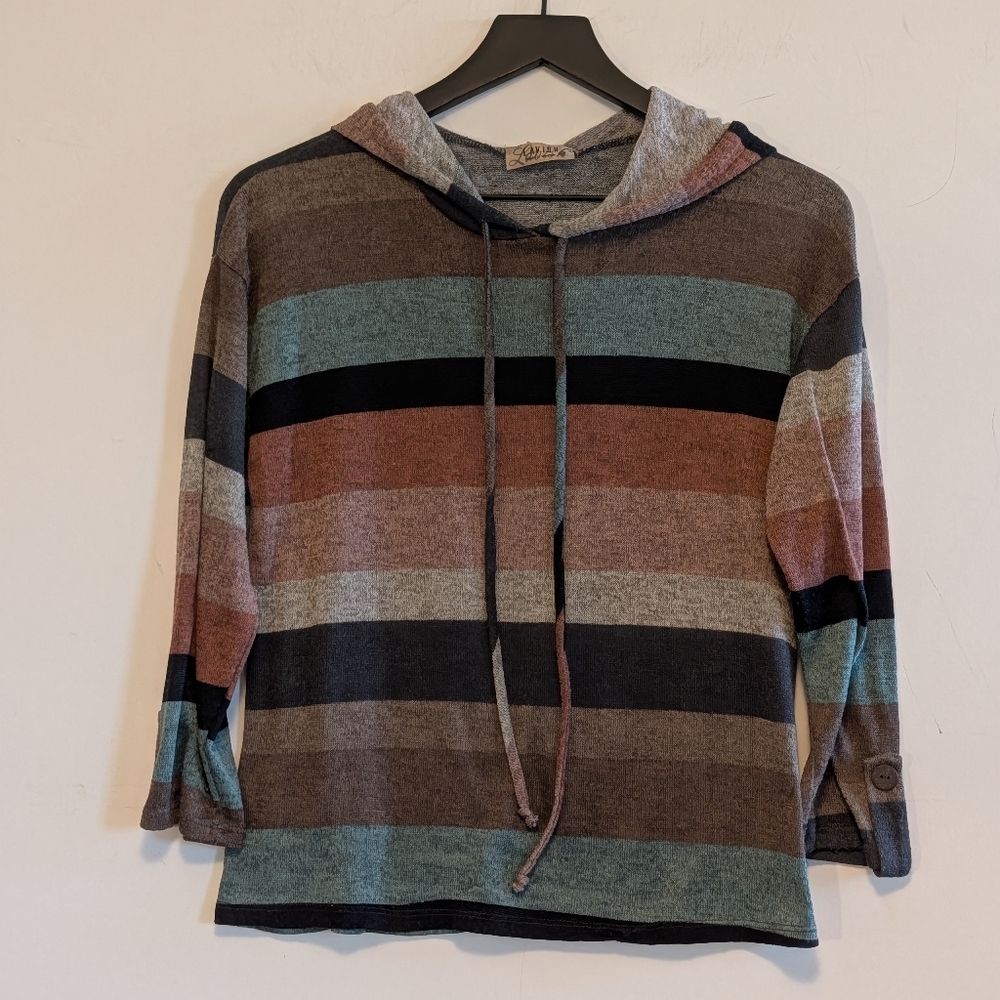 Lavish Striped Hoodie Lightweight Sweater Top 3/4 Sleeve Button Tab Medium Soft